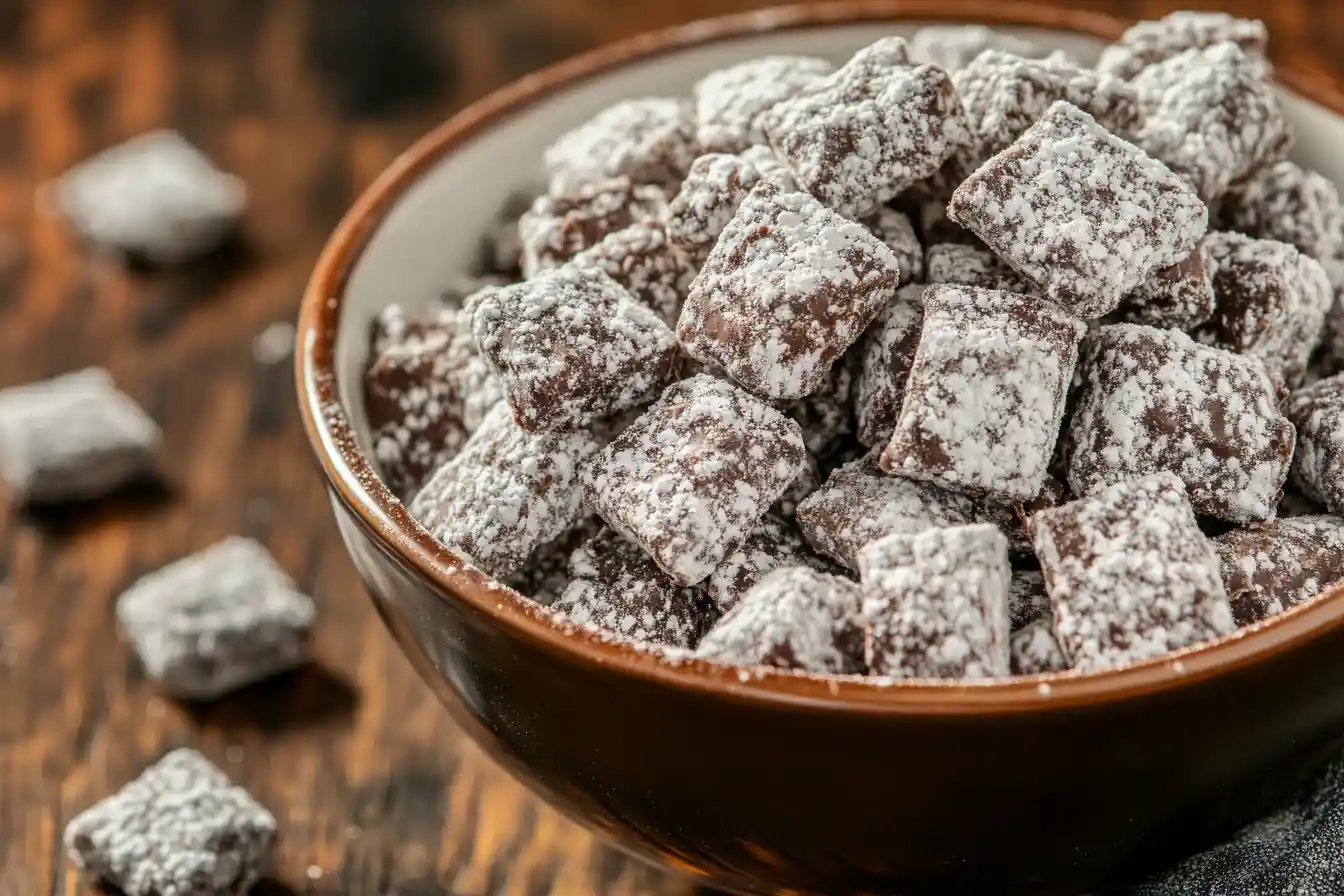 Muddy Buddies - A close-up of a brown bowl filled with chocolate-coated cereal squares dusted with powdered sugar, placed on a wooden surface.