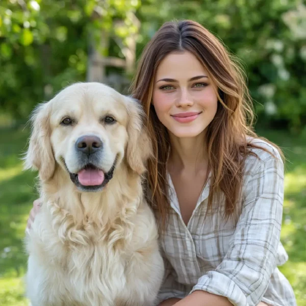 Alexa, the MumyRecipes avatar, sitting outdoors with her golden retriever Nala, both smiling at the camera.