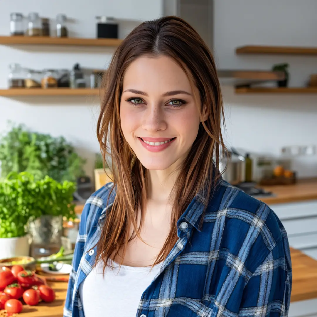 Alexa, the avatar of MumyRecipes, smiling in a relaxed kitchen while wearing a plaid shirt, surrounded by fresh herbs and tomatoes.