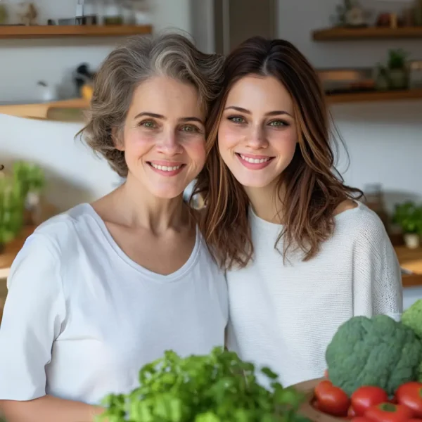 Alexa, the avatar of MumyRecipes, smiling beside her grandmother in a cozy kitchen filled with fresh vegetables.
