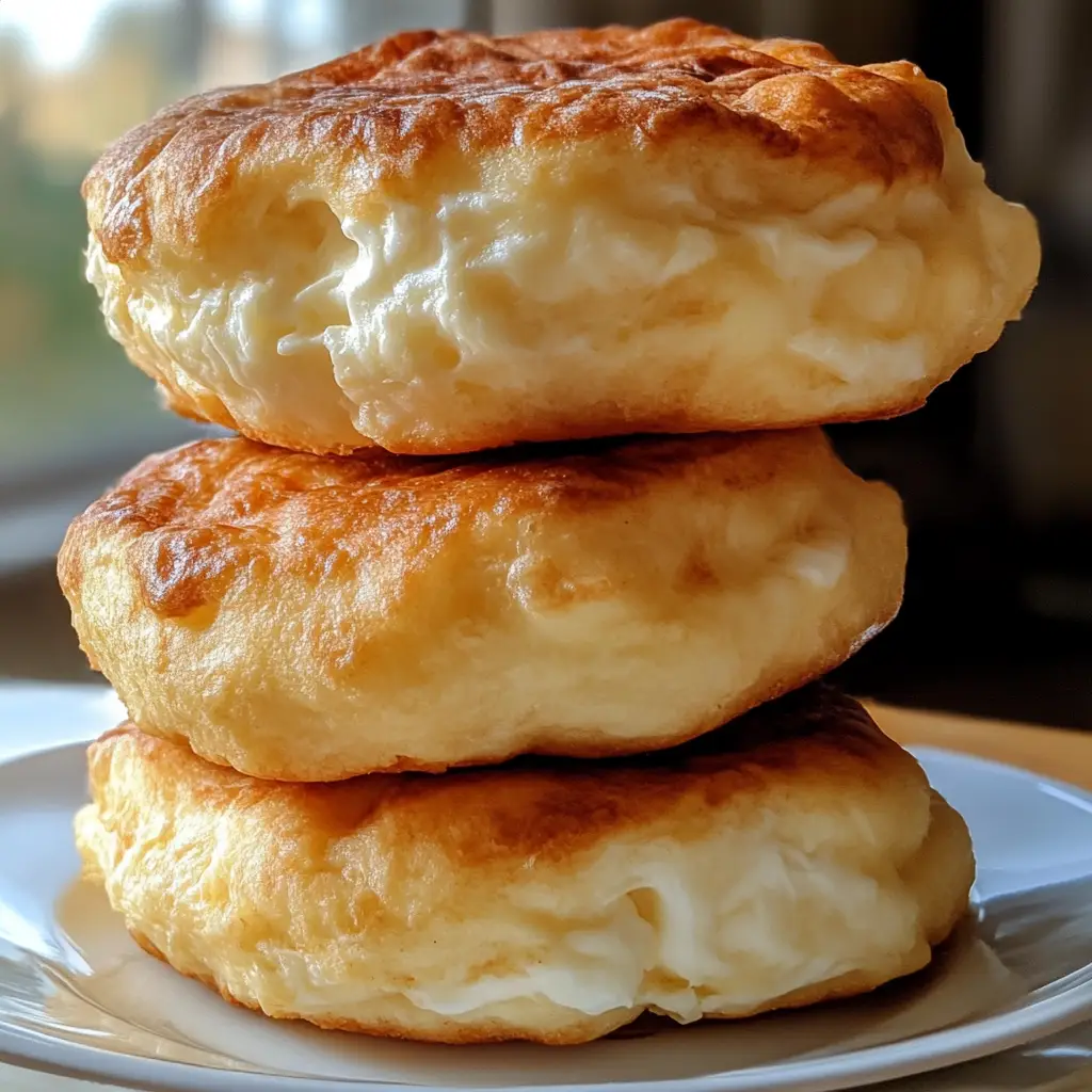 Fluffy cottage cheese cloud bread stacked on plate